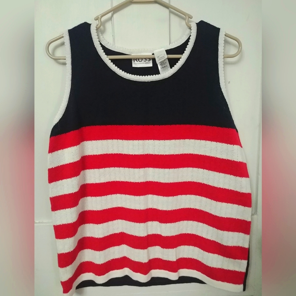 NWT Russ Womens Red White Blue Striped Sleeveless Lightweight Sweater Vest Sz L